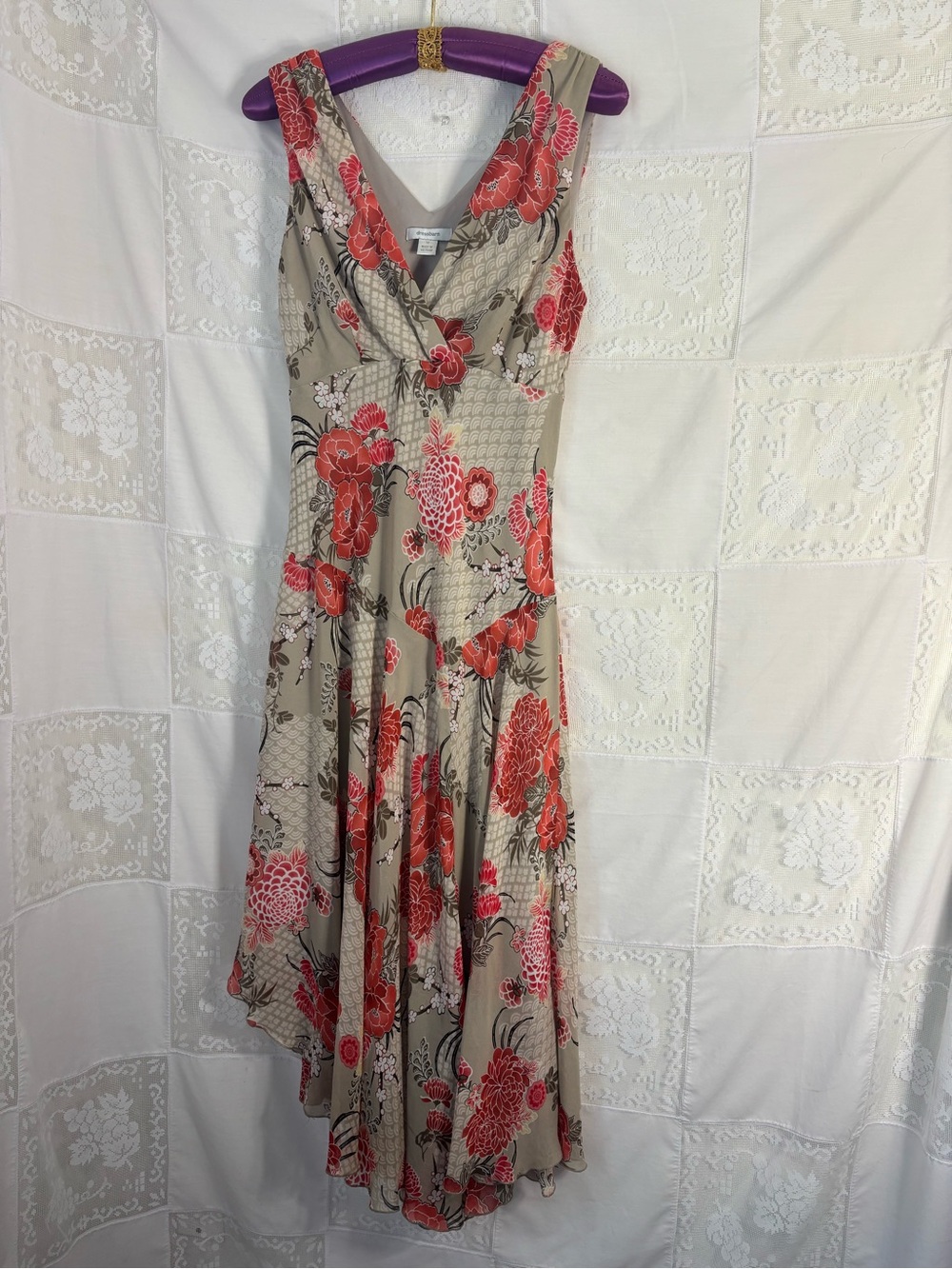 Tan+Red Floral Bias Cut Asymmetrical Hem Whimsy Cottage Fairy Dress Size M-L‎ - Picture 13 of 15